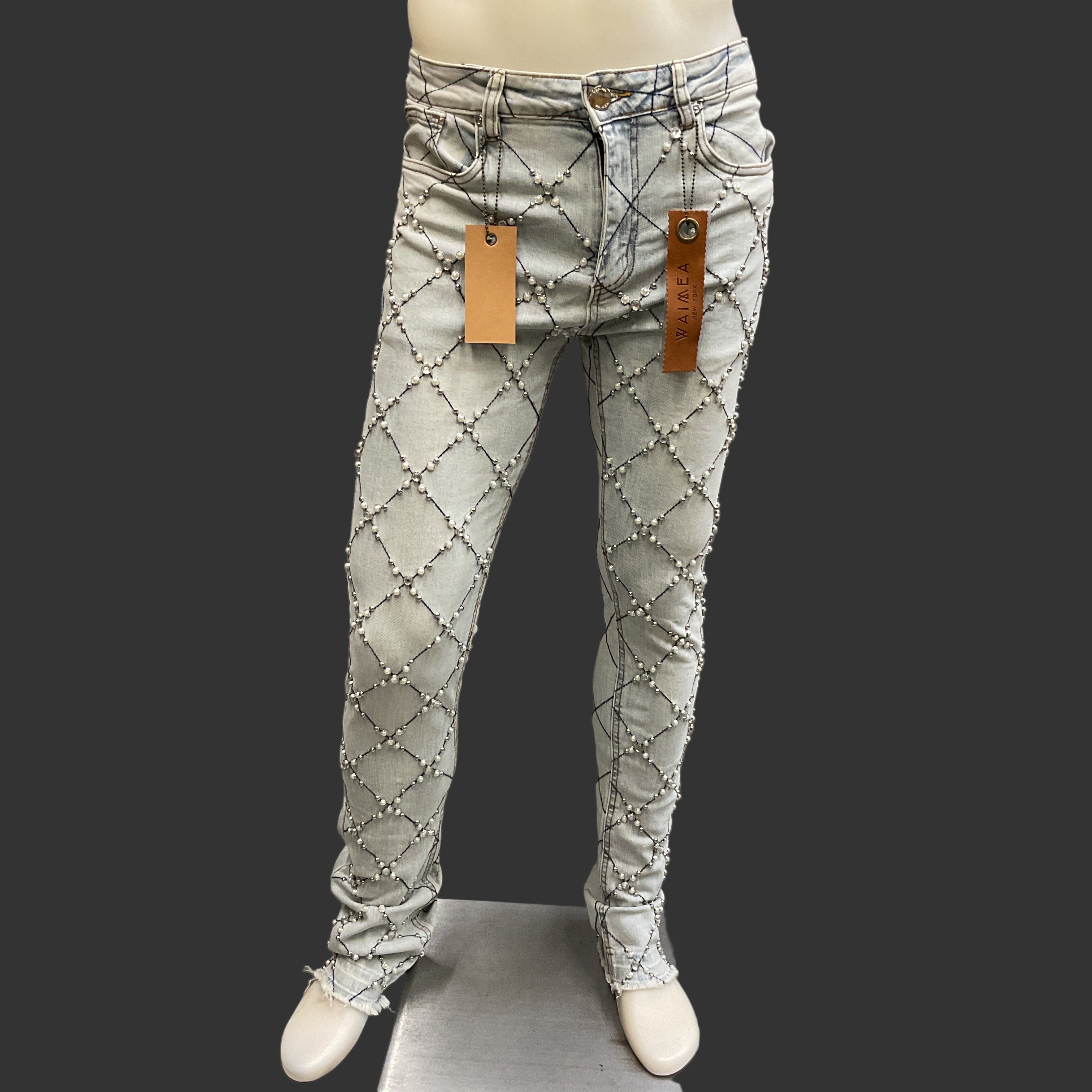 Waimea Light Wash Pearl & Crystal Stacked Pants