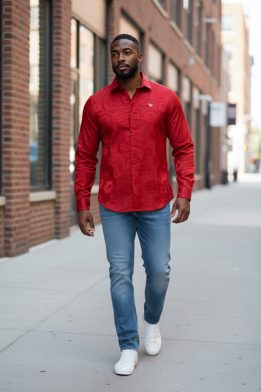 red floral dress shirt mens Suslo couture floral shirt FW1602 for Men Large / Red