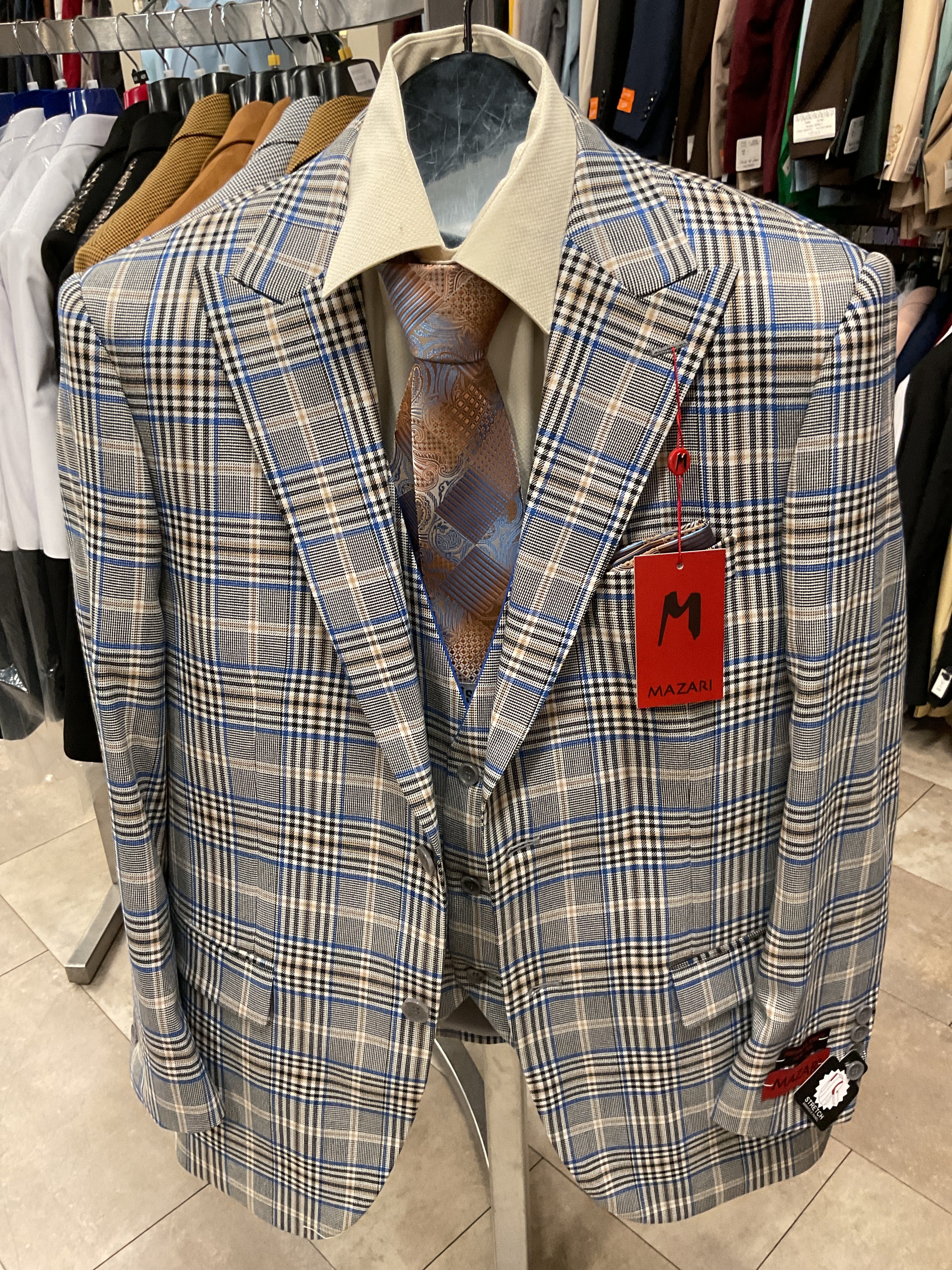Mazari blue plaid suit with vest