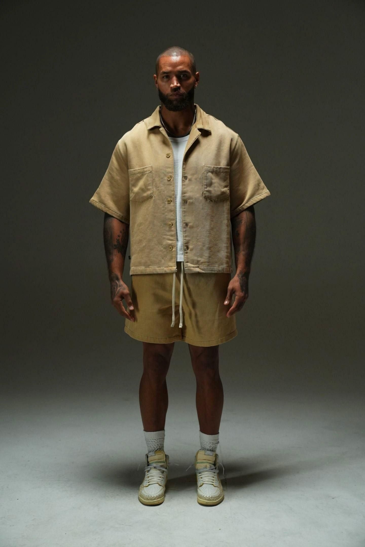 LORD CROPPED CUBAN BUTTON DOWN SHIRT - TAUPE