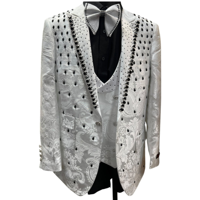 ENZO - MANZINI 3-Piece Slim-Fit Men's Fancy Rhinestone Woven Pattern Suit