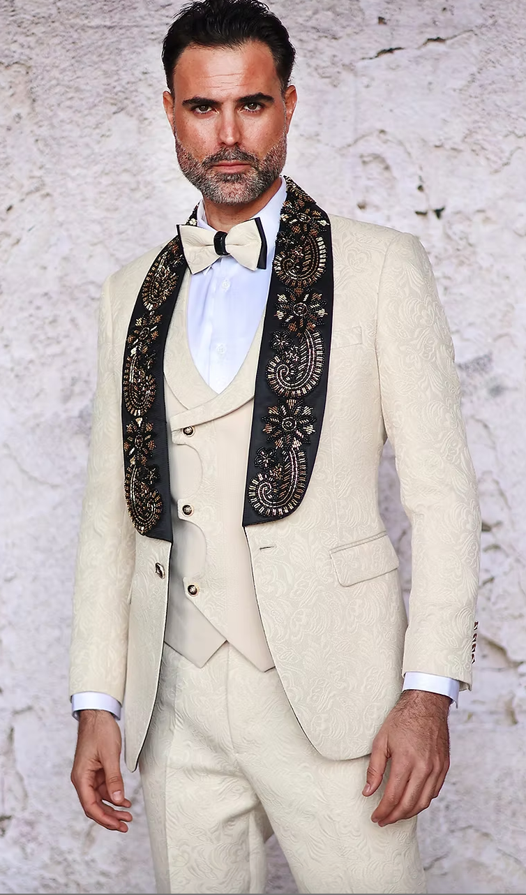 GIORGIO - MANZINI 3PC Men's Slim-Fit Fancy Floral Pattern Tuxedo w/ Bead Lapel