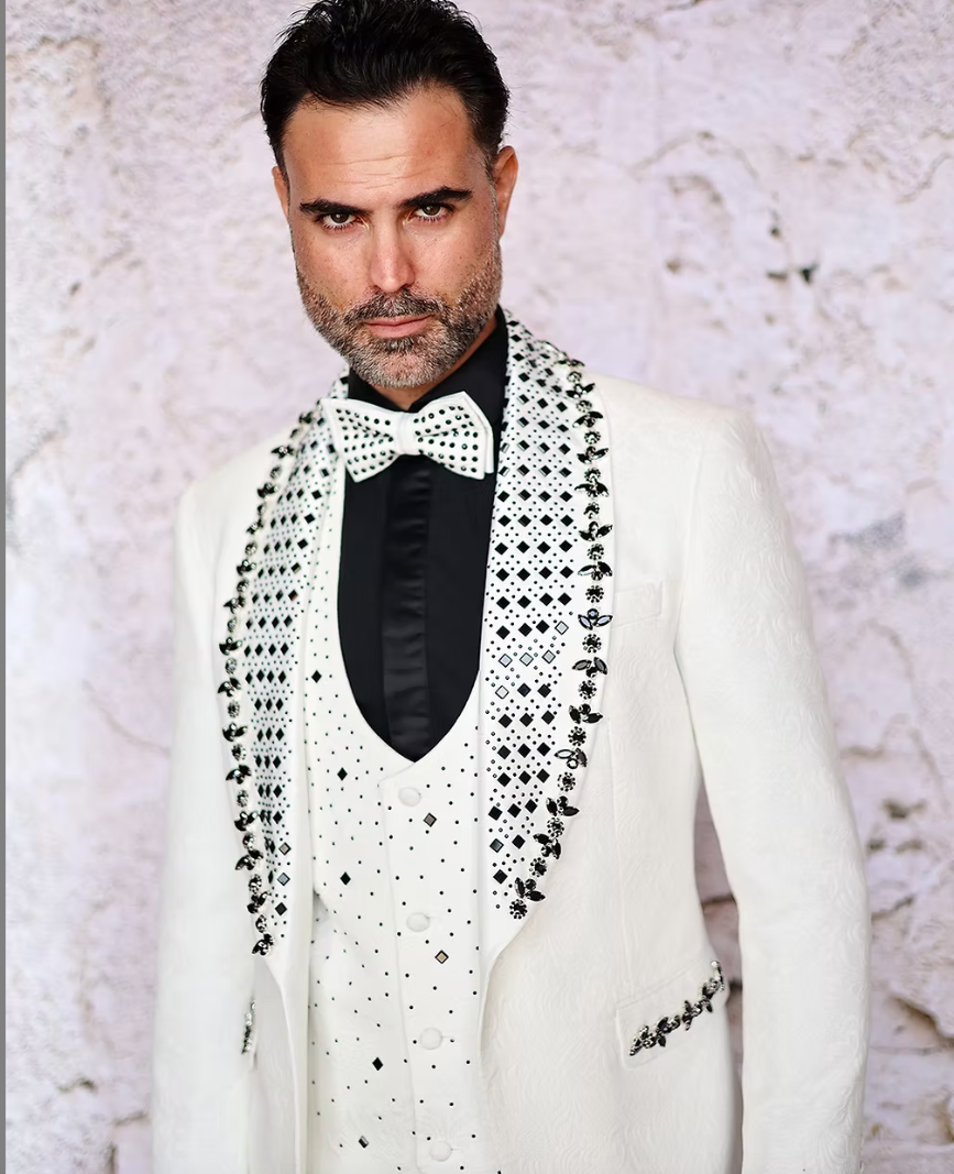 ENZO - MANZINI 3-Piece Slim-Fit Men's Fancy Rhinestone Woven Pattern Suit