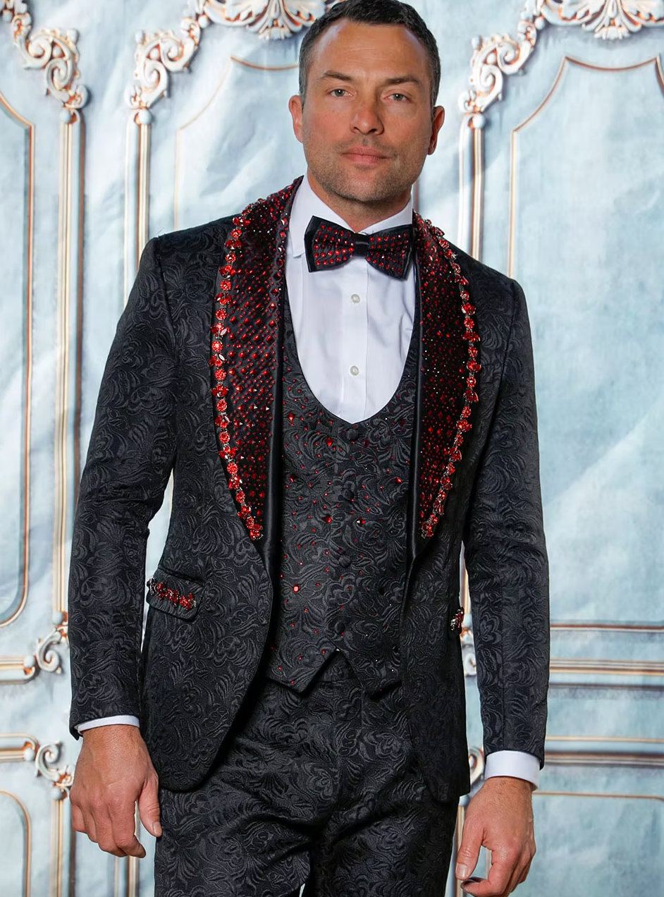 ENZO - MANZINI 3-Piece Slim-Fit Men's Fancy Rhinestone Woven Pattern Suit