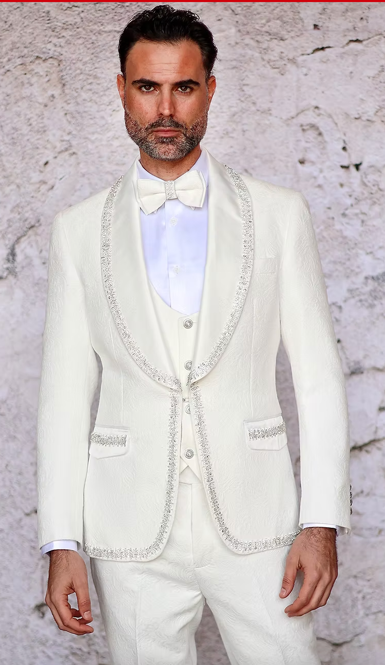 SOFIA- MANZINI 3-Piece Slim-Fit Men's Fancy Rhinestone Woven Pattern Suit