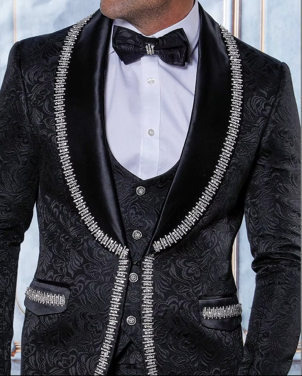 SOFIA- MANZINI 3-Piece Slim-Fit Men's Fancy Rhinestone Woven Pattern Suit