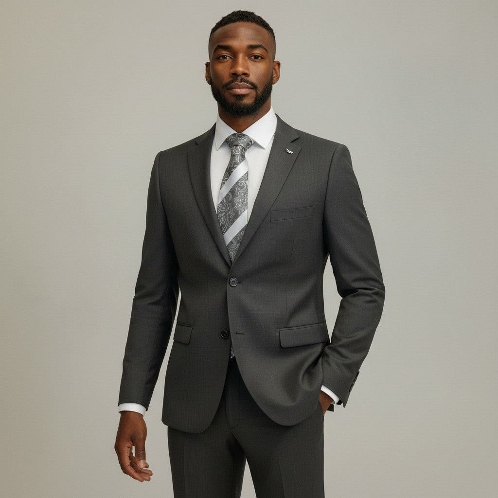 Looking Good Pine Bluff ELEGANZA black suit worn by a man with a white shirt and patterned grey tie