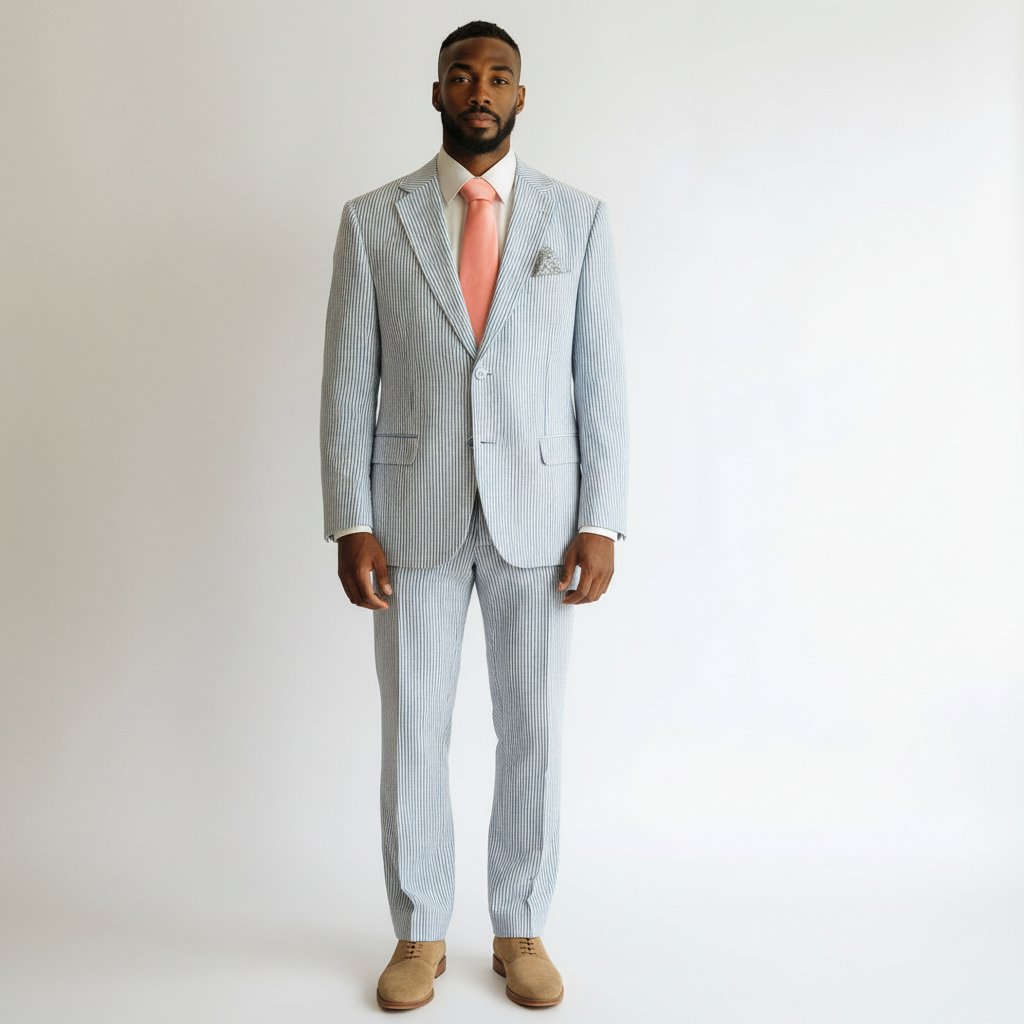 Looking Good Pine Bluff Michael Adam light blue striped seersucker suit worn by a man with a peach tie