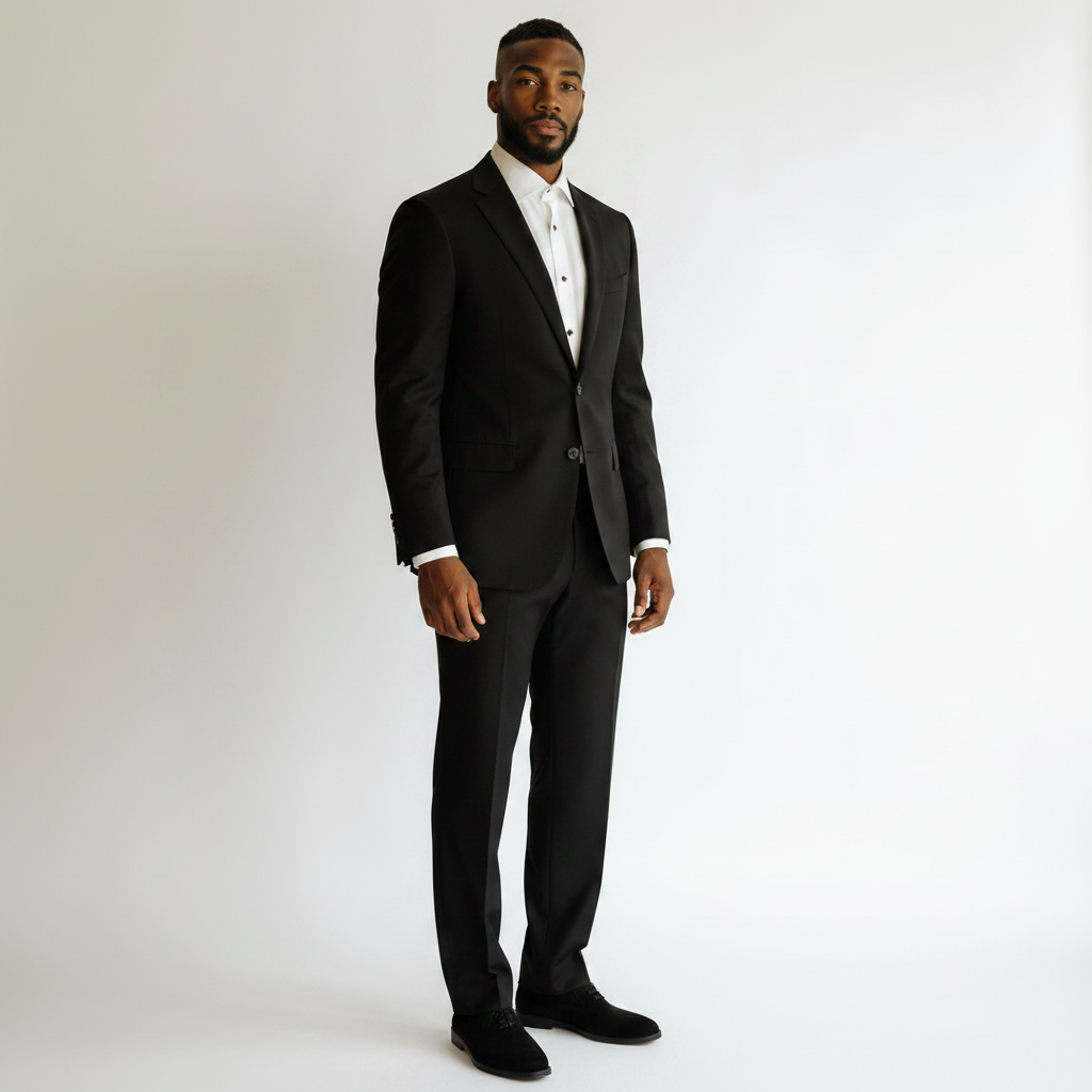 Looking Good Pine Bluff Capitano black regular fit suit with flat front trousers worn by a man on a white background