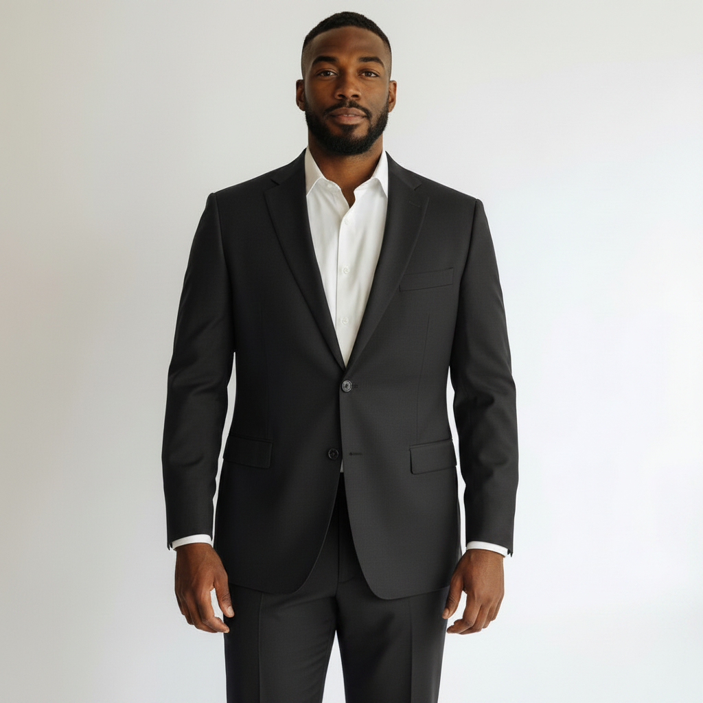 Looking Good Pine Bluff Capitano black suit worn by a man with a white dress shirt in a professional regular fit.