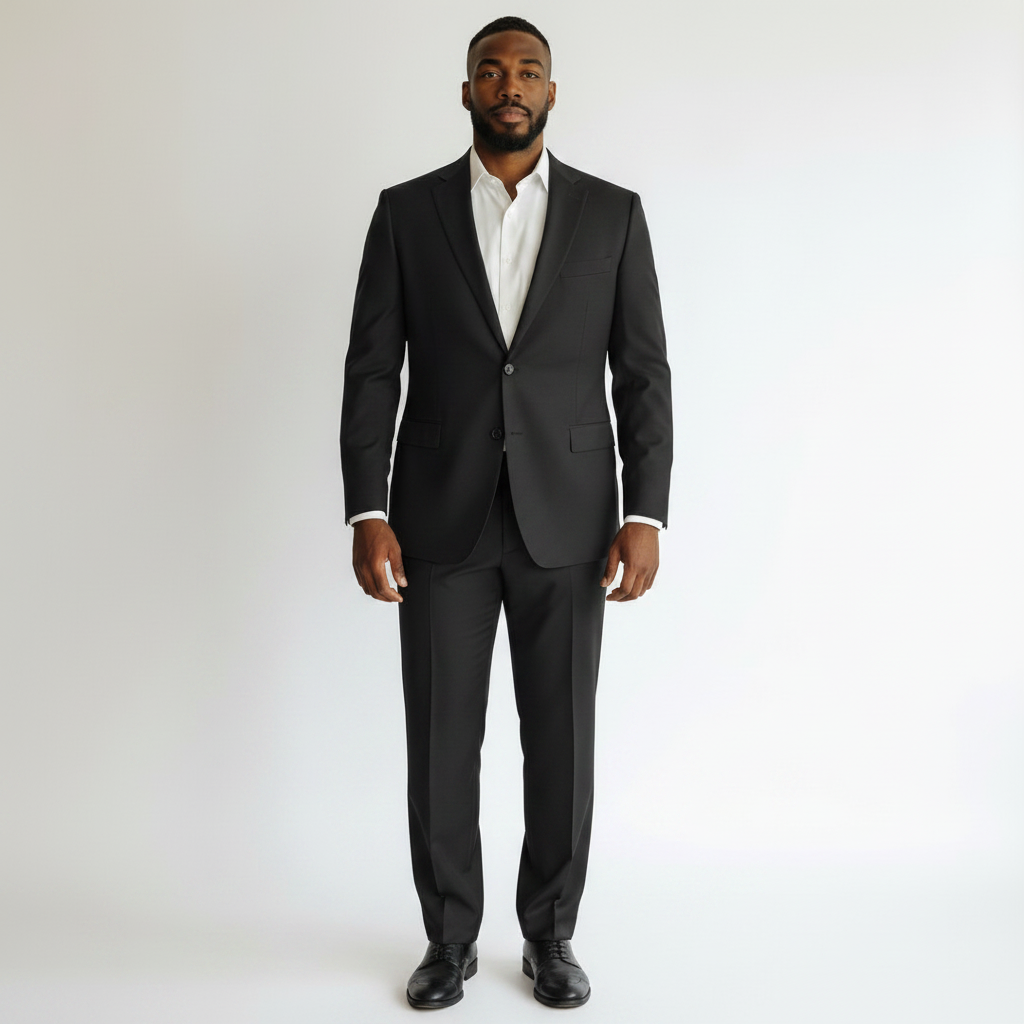 Looking Good Pine Bluff Capitano black suit with regular fit, flat front trousers, and white shirt on a man.