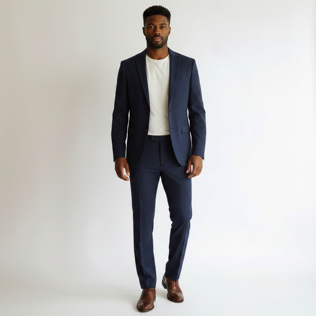 Looking Good Pine Bluff Capitano navy suit worn by a man with a white t-shirt and brown leather dress shoes