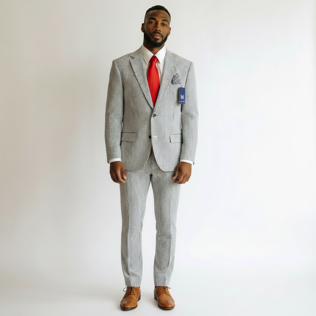 Model wearing a Looking Good Pine Bluff grey and white striped seersucker suit with a red tie and brown dress shoes.