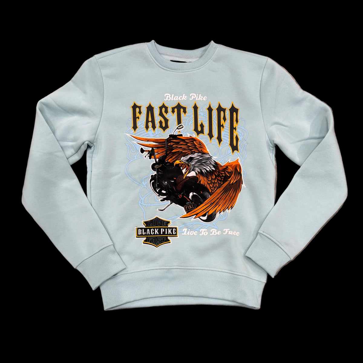 Looking Good Pine Bluff light blue sweatshirt featuring a bold eagle and motorcycle graphic with Fast Life text.