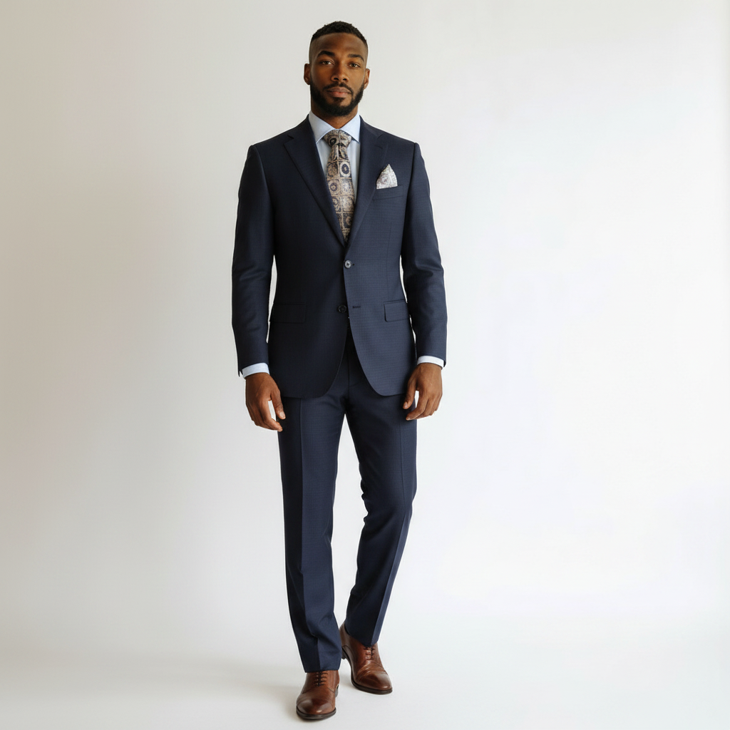 Looking Good Pine Bluff TIGLIO navy plaid wool suit with two-button closure worn by a man in a light blue shirt