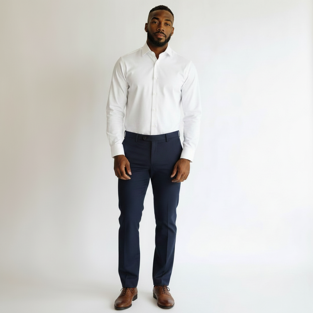 Looking Good Pine Bluff Karl Knox white dress shirt worn by a man with navy trousers and brown leather shoes