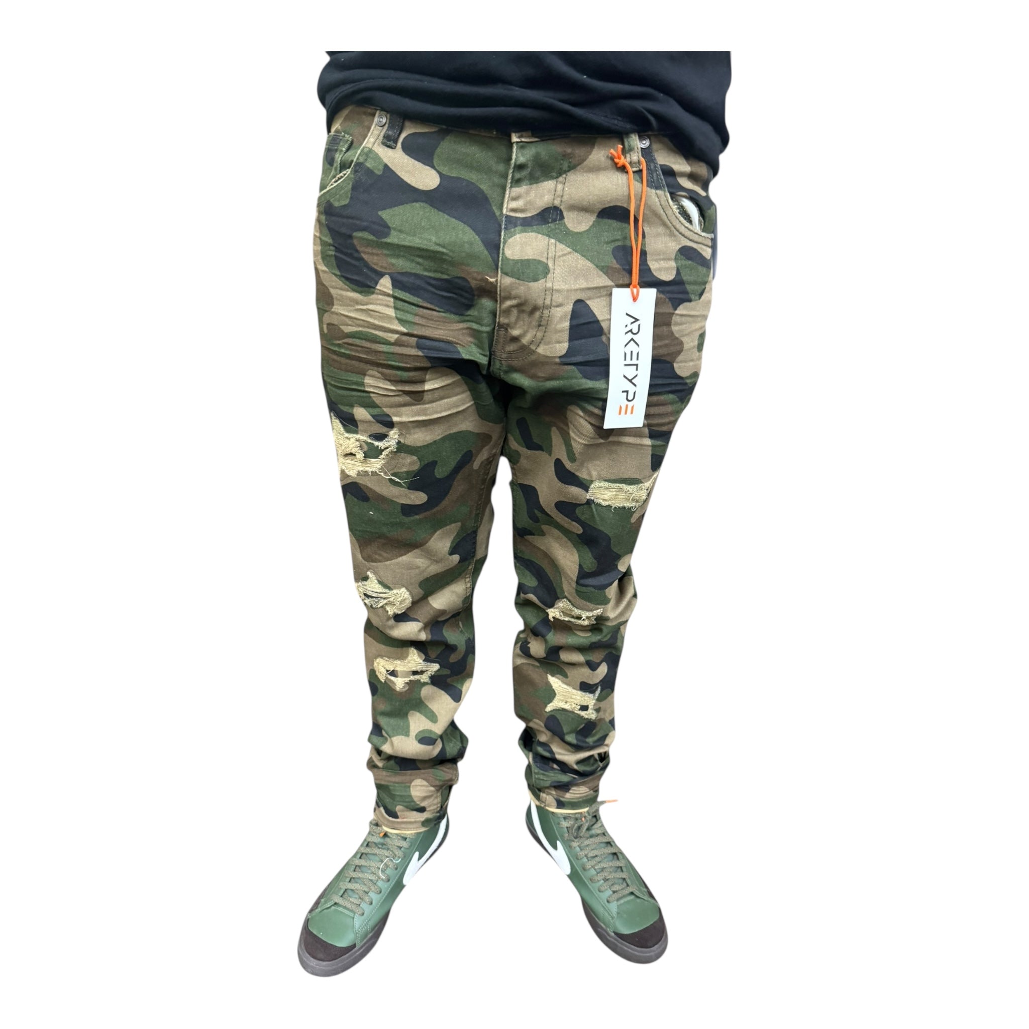 Olive camo ripped Slim Jeans from Arketype