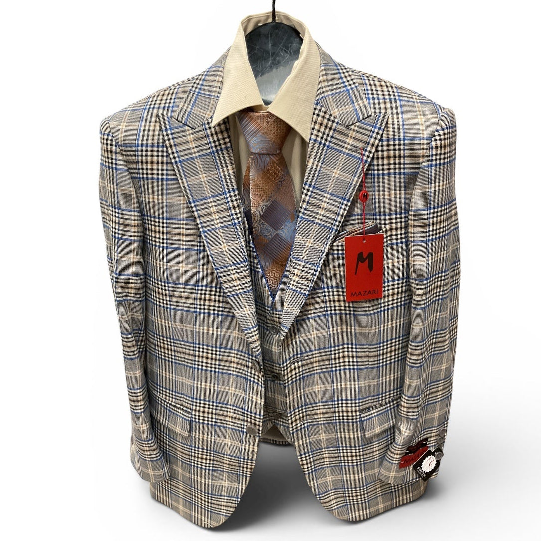Mazari blue plaid suit with vest