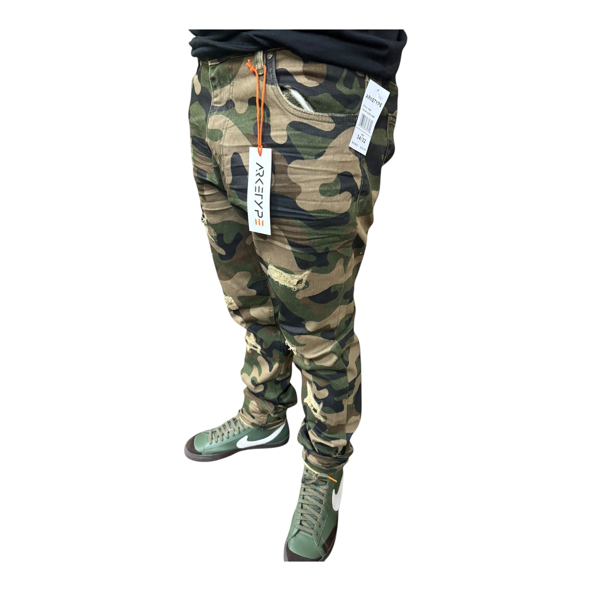 Olive camo ripped Slim Jeans from Arketype