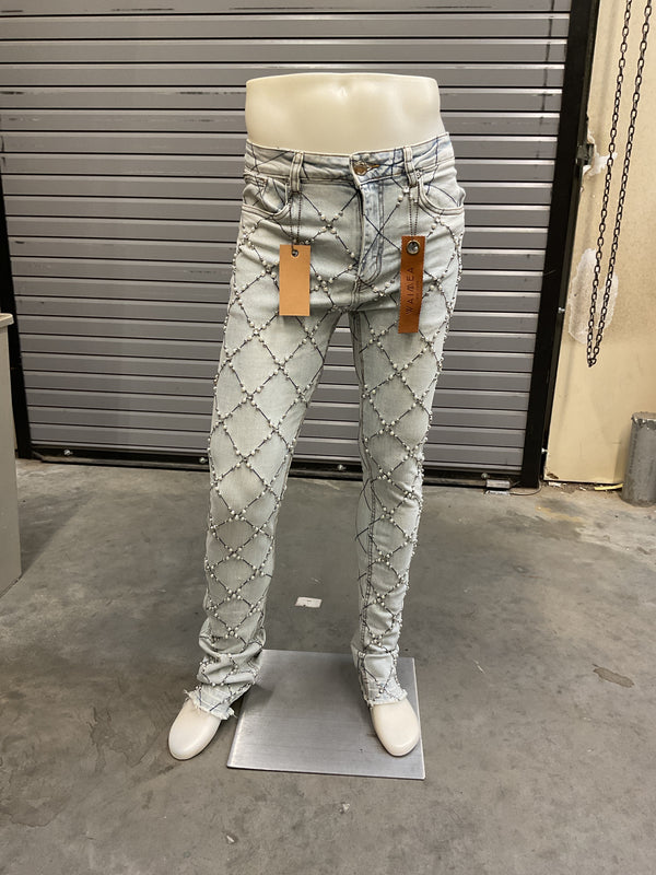 Waimea Light Wash Pearl & Crystal Stacked Pants