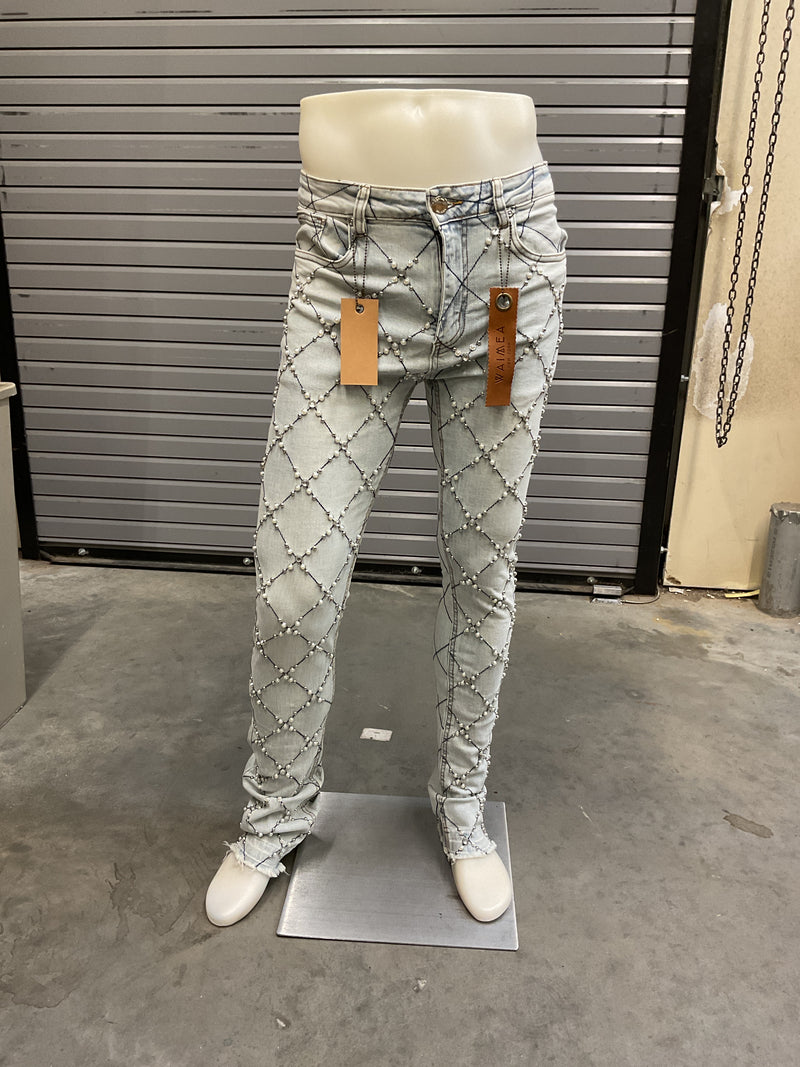 Waimea Light Wash Pearl & Crystal Stacked Pants