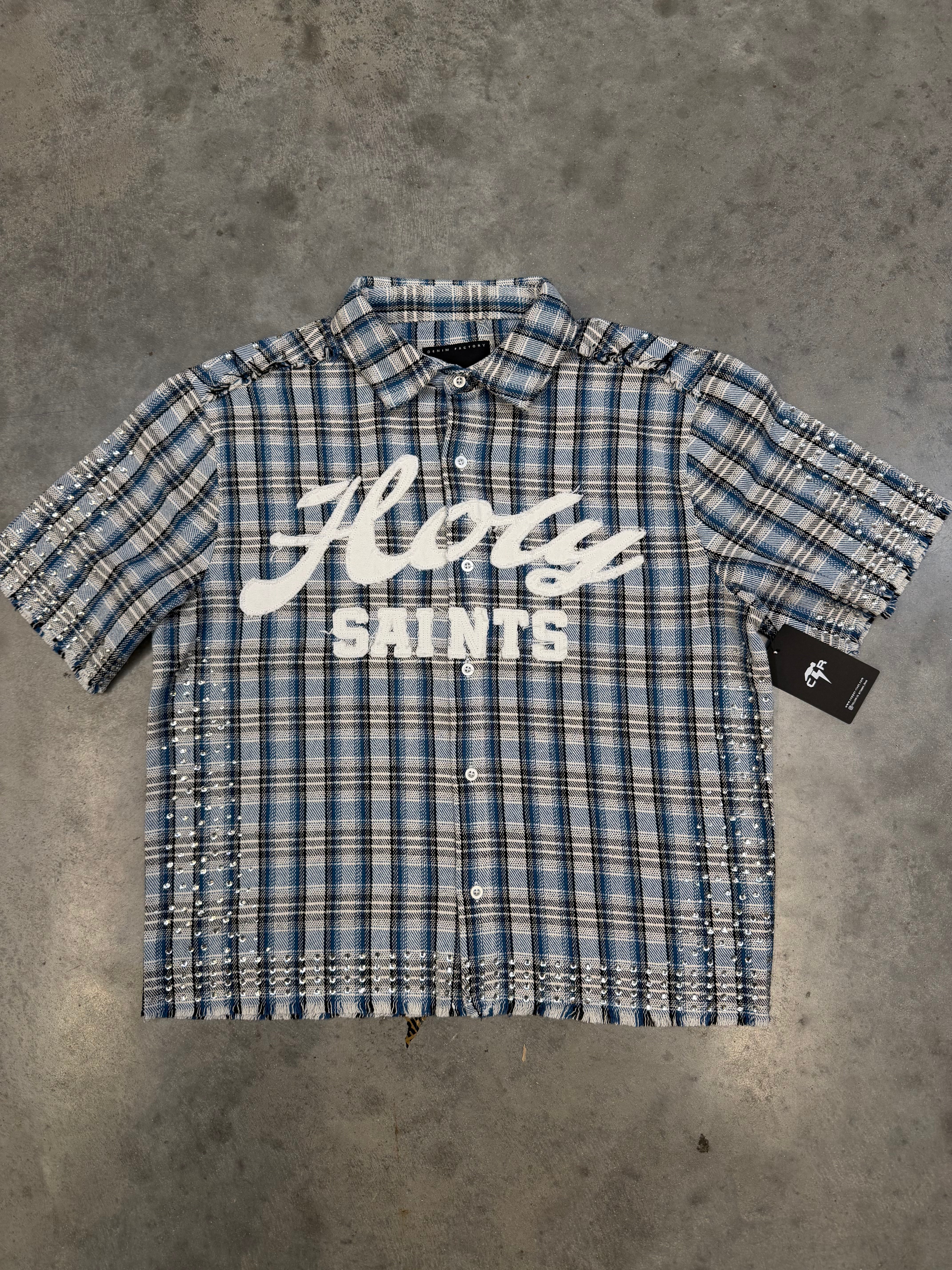 Copper Rivet Blue Holy Saint Rhinestone Cropped Button Down