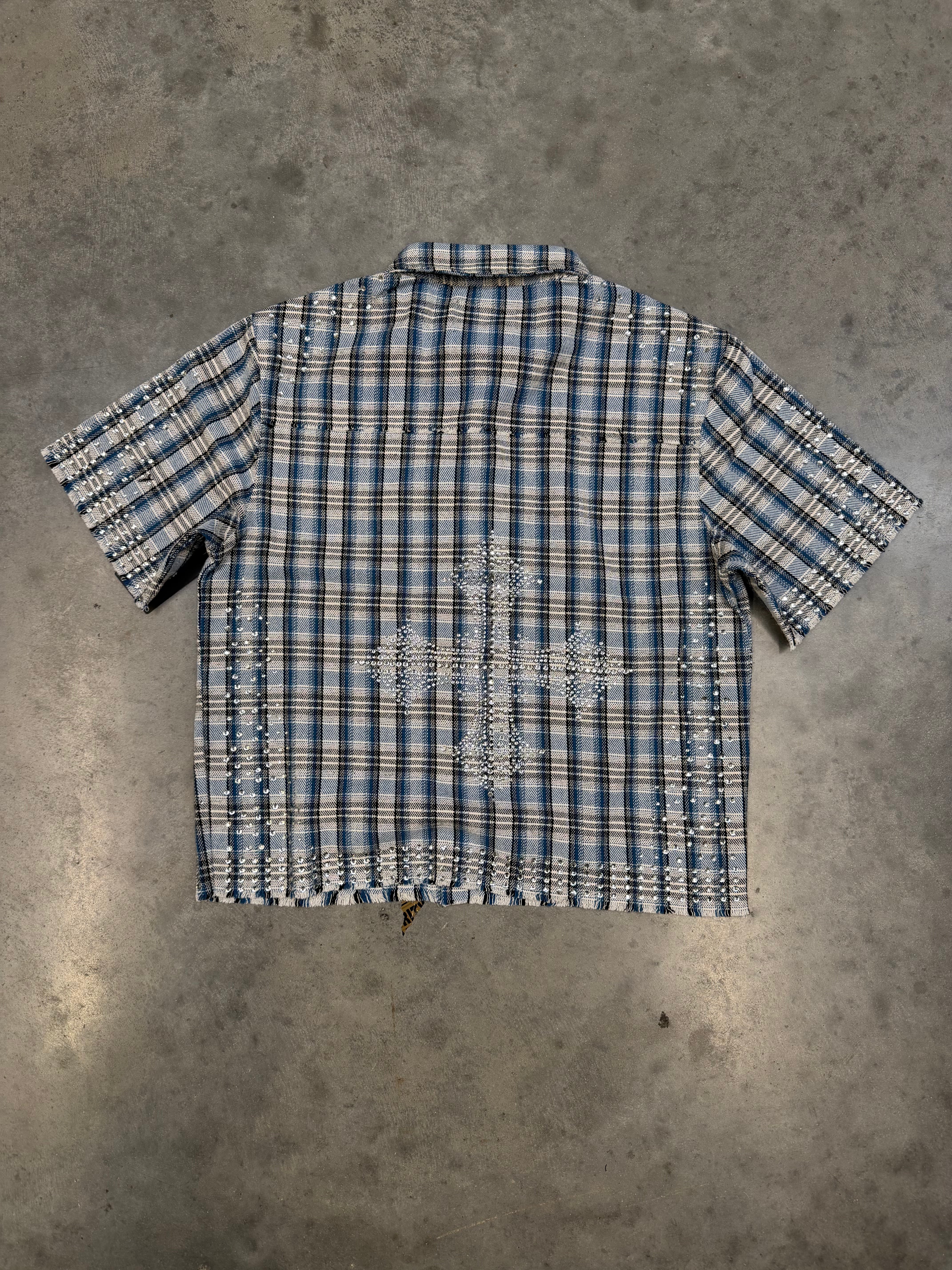 Copper Rivet Blue Holy Saint Rhinestone Cropped Button Down