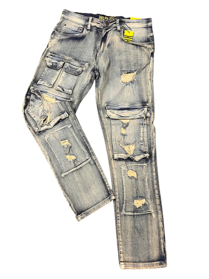 Spark ‘Pockets’ Slim Fit Cargo Pocket Denim (Vintage Wash) S4415 for Men