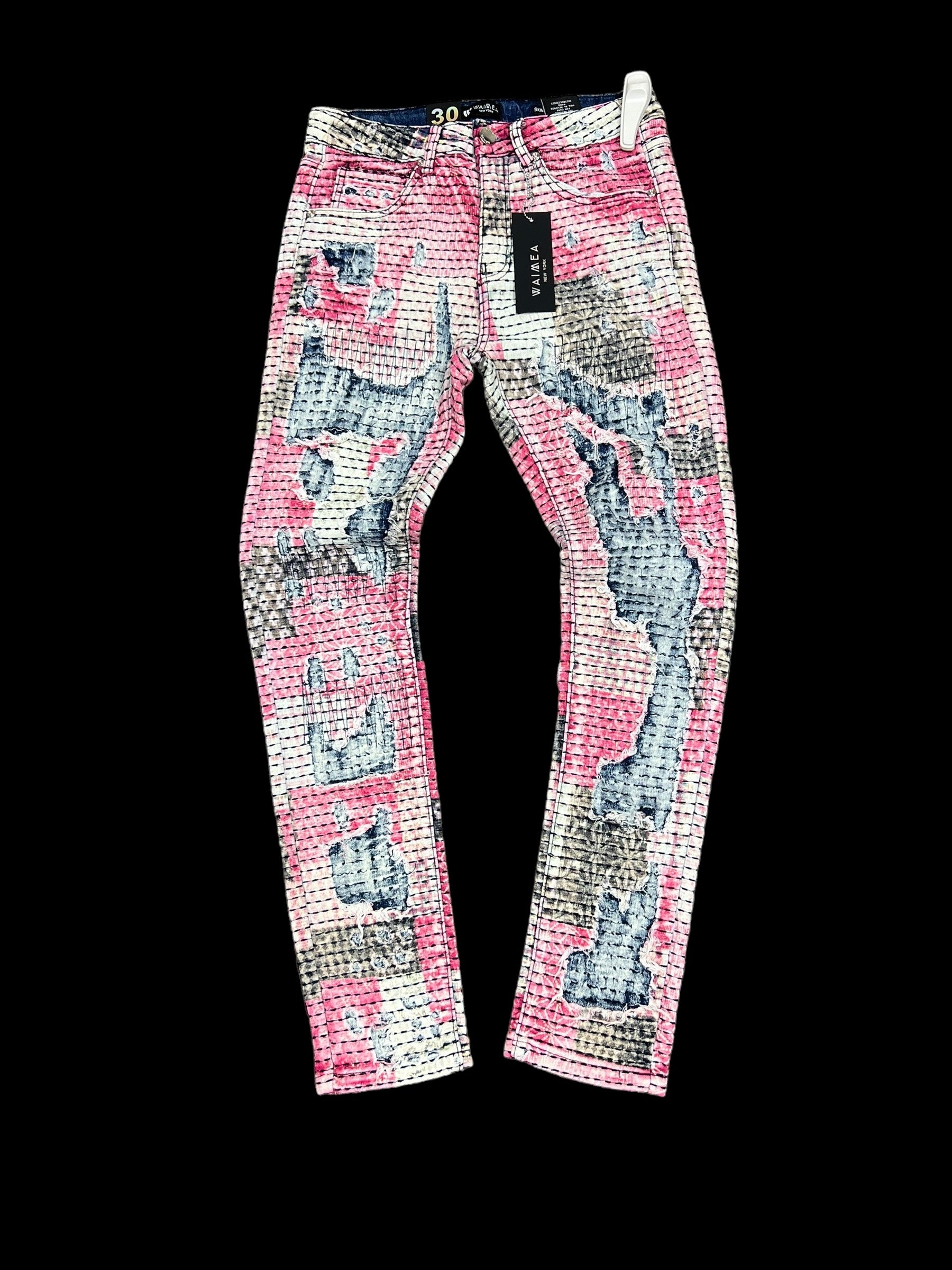 RED PATCHWORK ALL OVER STACKED JEAN