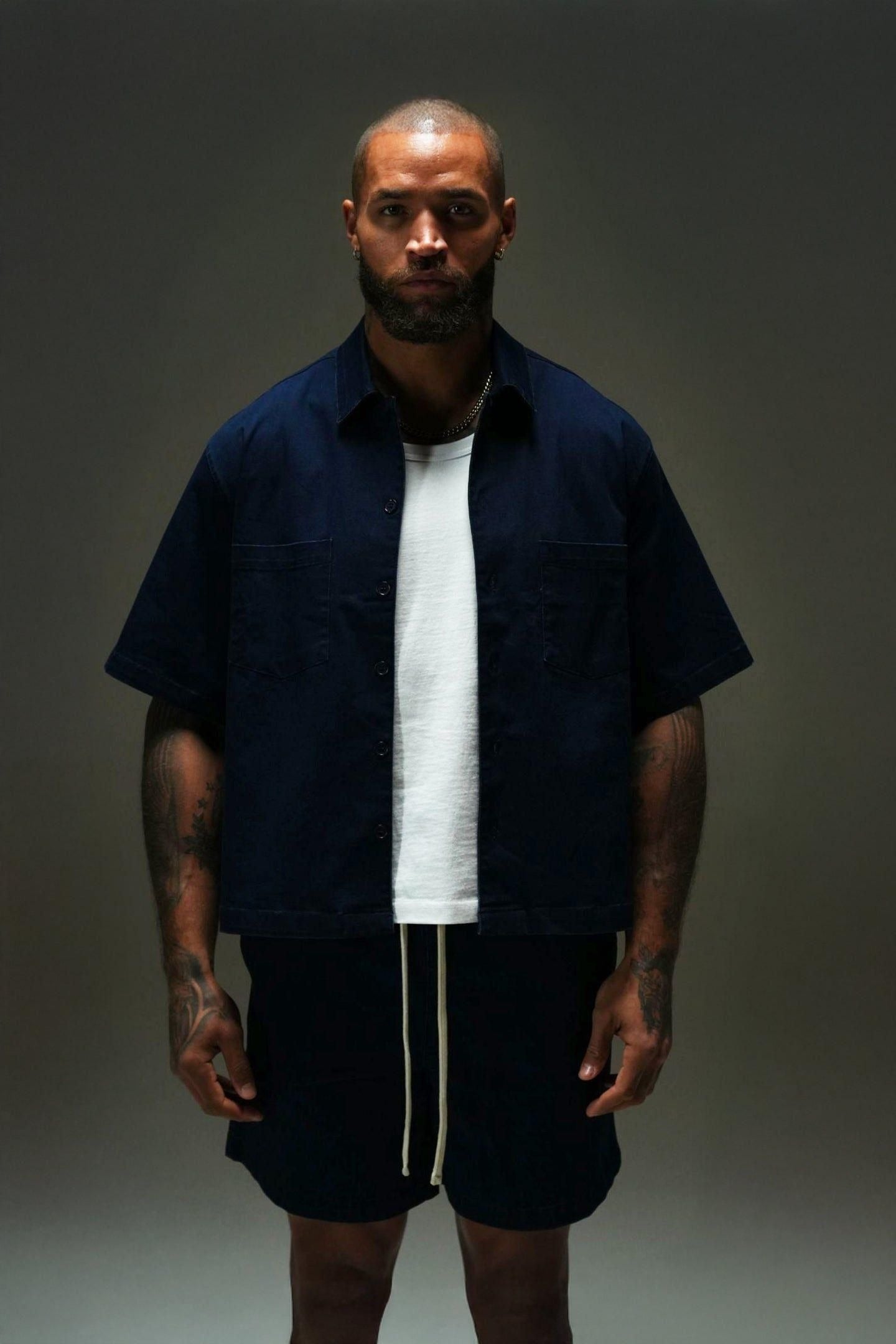 PURPOSE CROPPED CUBAN BUTTON DOWN SHIRT - NAVY