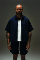 PURPOSE CROPPED CUBAN BUTTON DOWN SHIRT - NAVY