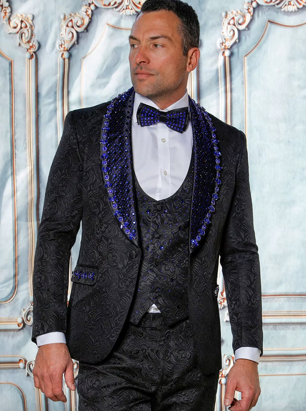 ENZO - MANZINI 3-Piece Slim-Fit Men's Fancy Rhinestone Woven Pattern Suit