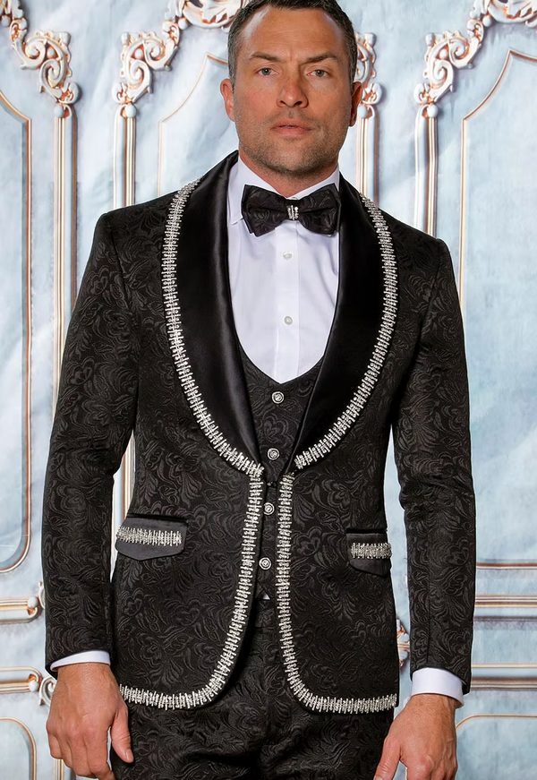 SOFIA- MANZINI 3-Piece Slim-Fit Men's Fancy Rhinestone Woven Pattern Suit