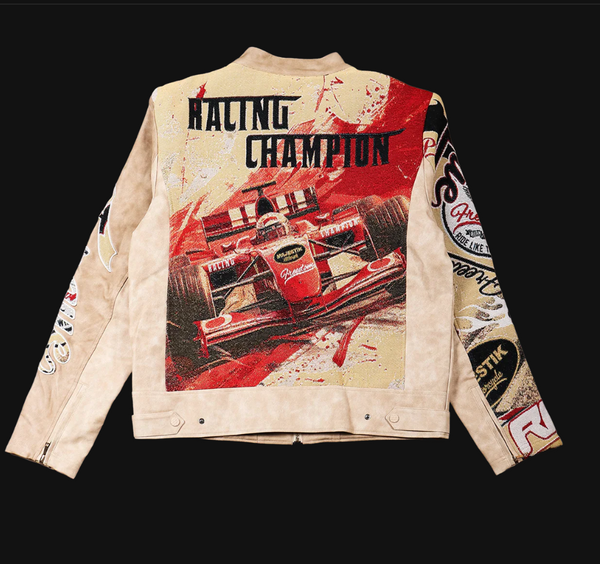 "Motorsport" Tapestry and Leather Beige Jacket