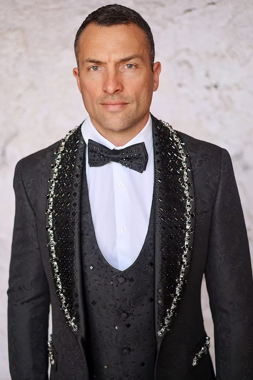 ENZO - MANZINI 3-Piece Slim-Fit Men's Fancy Rhinestone Woven Pattern Suit