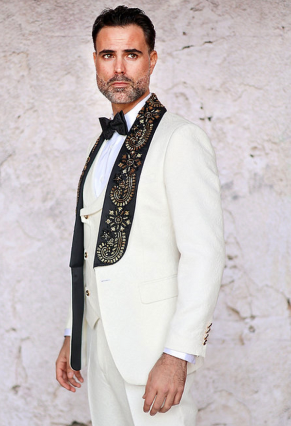 GIORGIO - MANZINI 3PC Men's Slim-Fit Fancy Floral Pattern Tuxedo w/ Bead Lapel