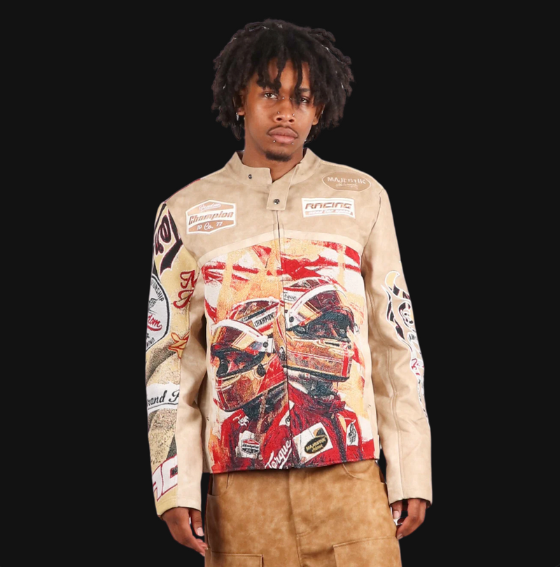 "Motorsport" Tapestry and Leather Beige Jacket