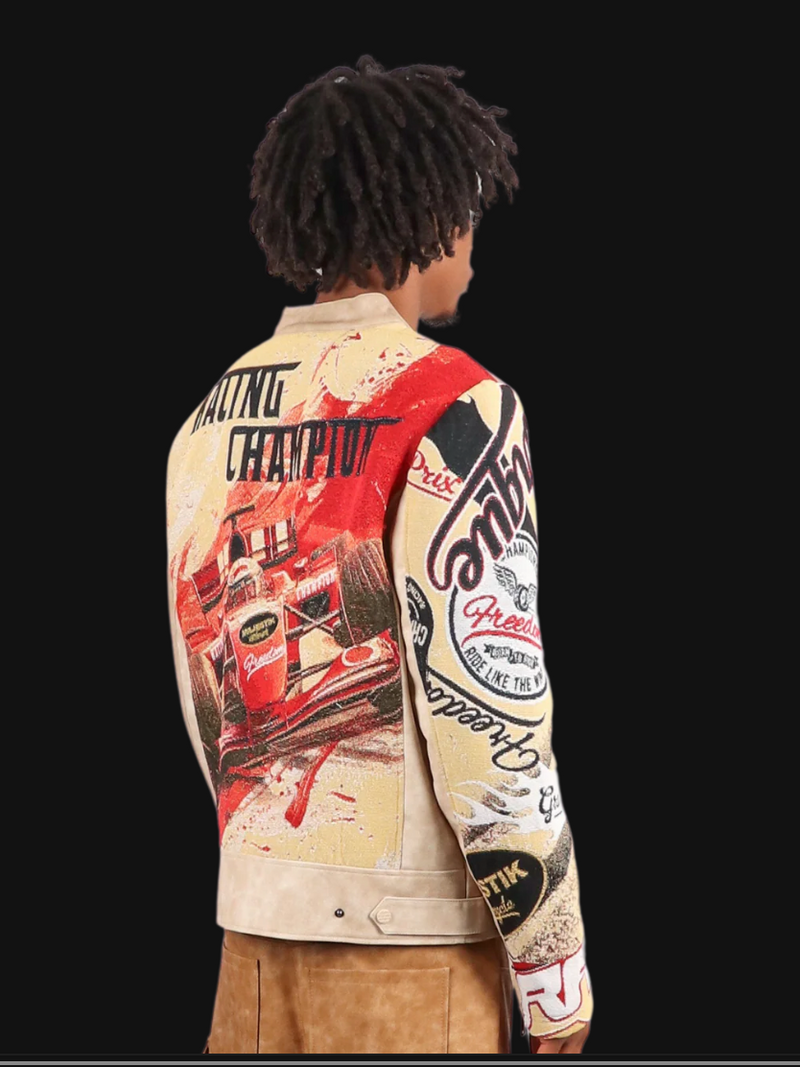 "Motorsport" Tapestry and Leather Beige Jacket