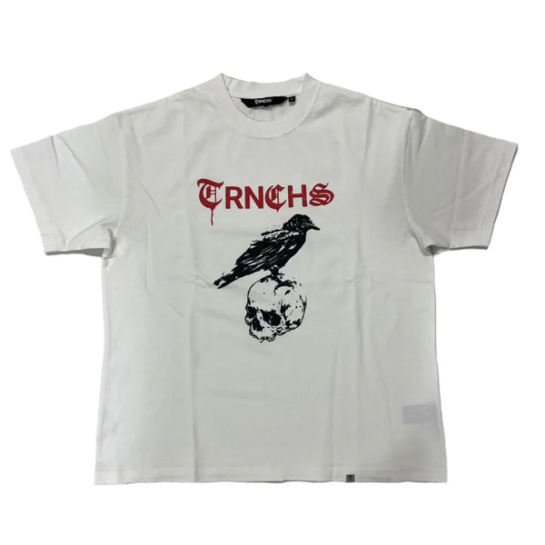 "BLACK RAVEN & SKULL" White Tee (TC-24-913- RAV-S) by TRNCHS