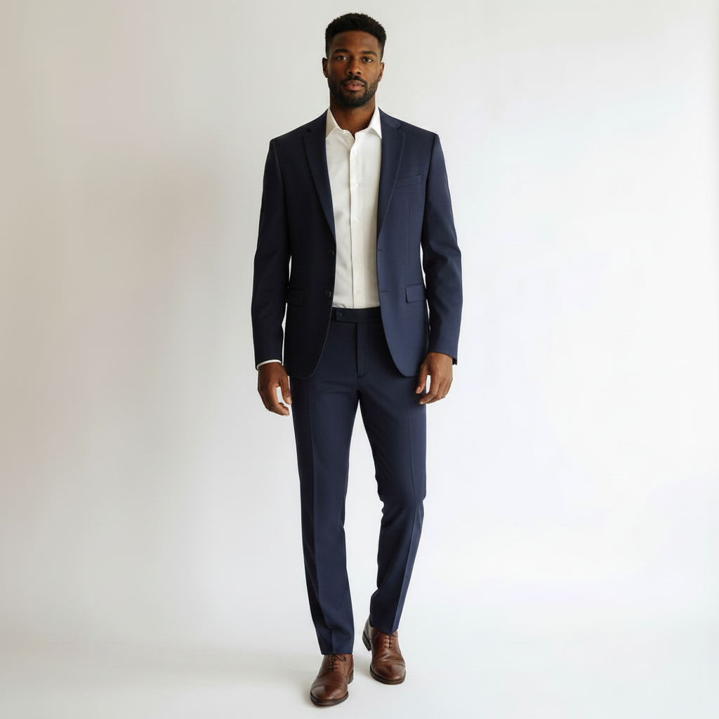 Looking Good Pine Bluff Capitano navy suit with a regular fit, flat front trousers, and white shirt on a model