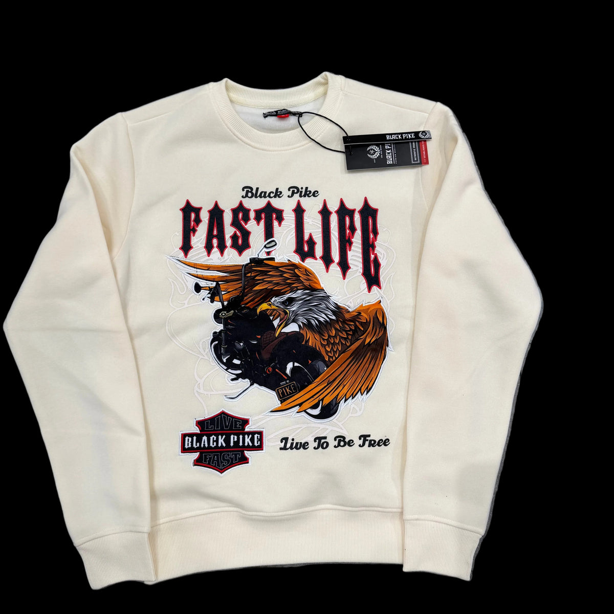 Looking Good Pine Bluff cream sweatshirt with Black Pike Fast Life eagle and motorcycle graphic print