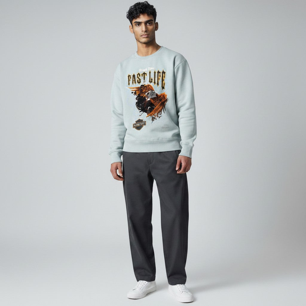 Looking Good Pine Bluff light grey crewneck sweatshirt with Fast Life graphic print worn by a male model