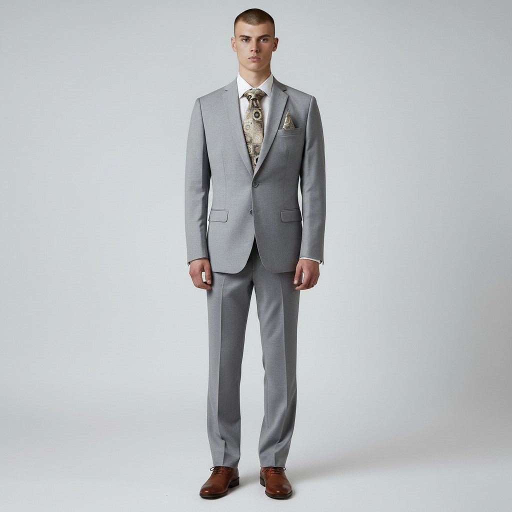 Looking Good Pine Bluff Needle & Stitch slim fit grey suit with two-button jacket and patterned tie on a model
