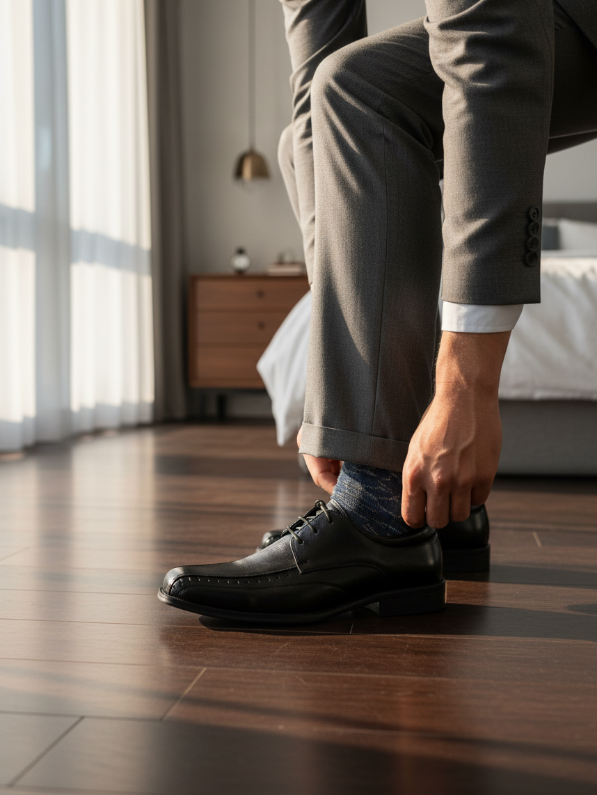 Looking Good Pine Bluff Jerko black leather lace-up dress shoe worn by a man in a grey suit in a bedroom setting.