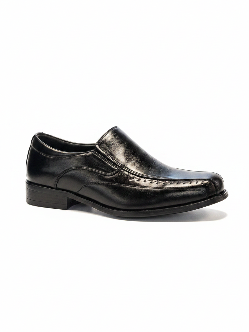 Looking Good Pine Bluff Jerko black leather slip-on dress shoe with decorative stitching for formal business wear.