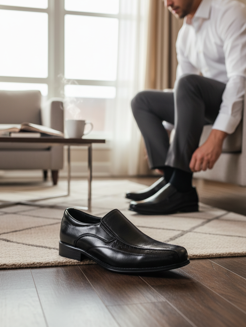 Looking Good Pine Bluff Jerko black leather slip-on dress shoe in a professional setting with a man in the background