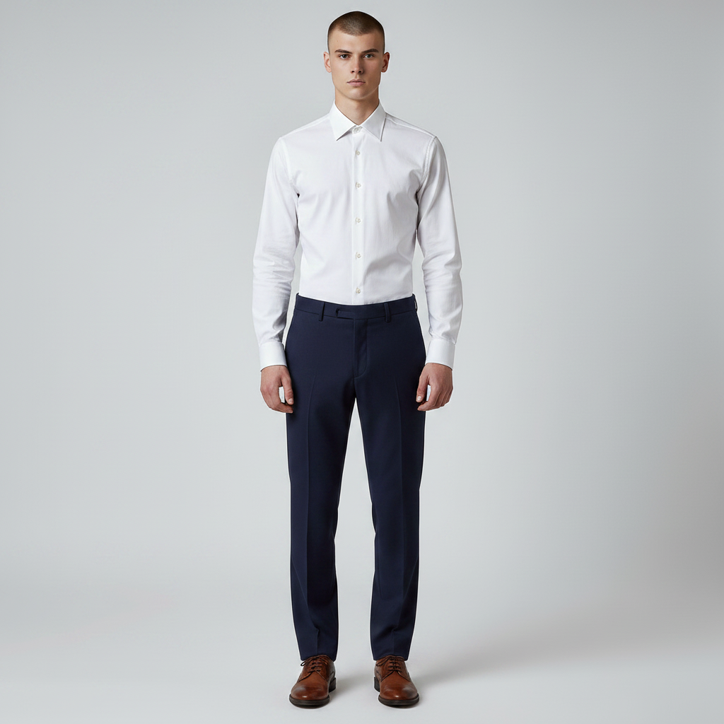 Looking Good Pine Bluff Karl Knox white slim fit dress shirt worn by a model with navy trousers and brown shoes