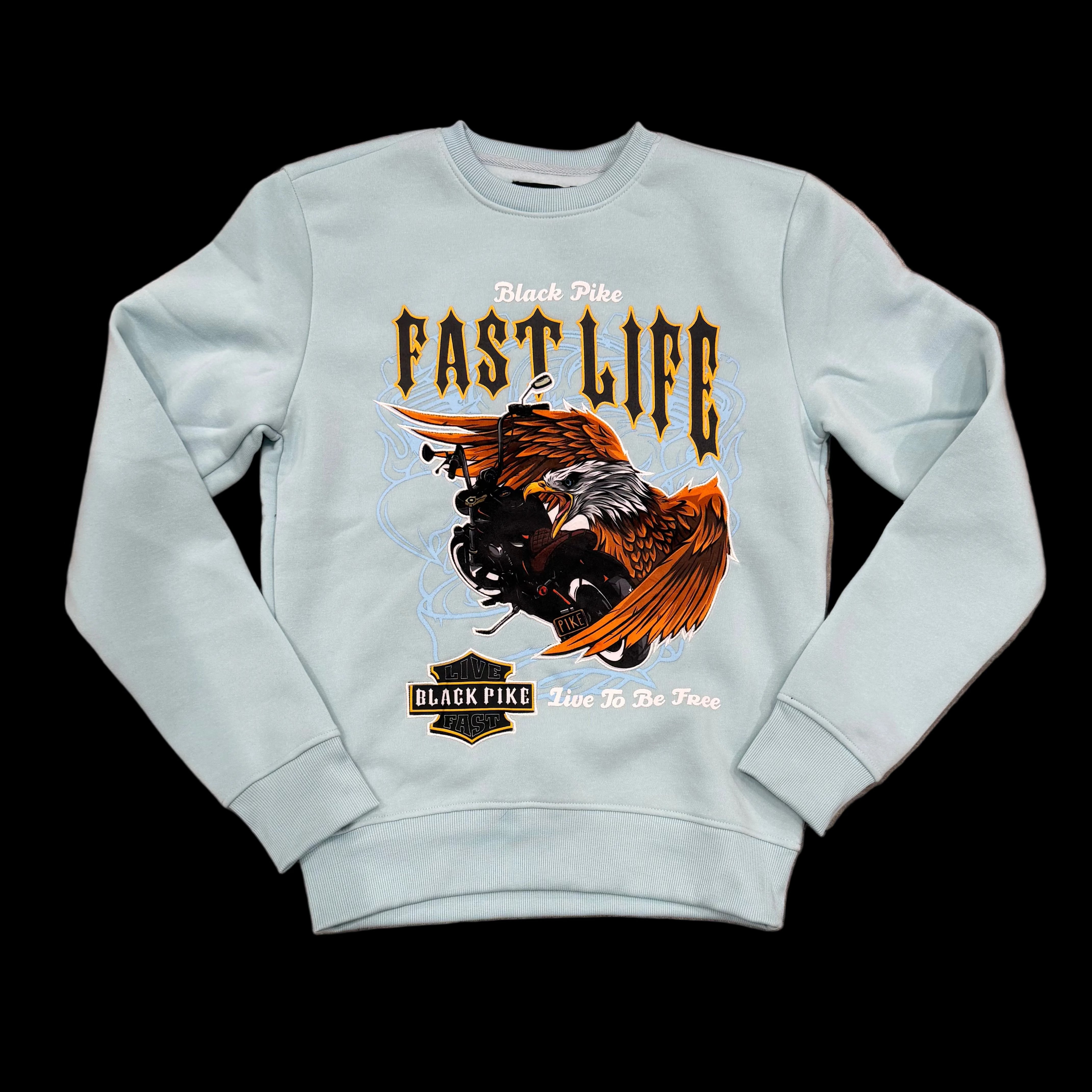 Looking Good Pine Bluff light blue sweatshirt featuring a bold eagle and motorcycle graphic with Fast Life text.
