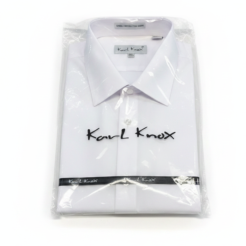 Looking Good Pine Bluff white Karl Knox dress shirt in clear protective packaging for a formal professional look