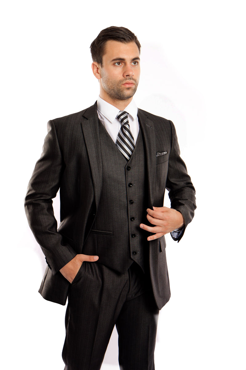 Steel Navy Solid Shiny Sharkskin 3-PC Regular Modern Fit Suits For Men